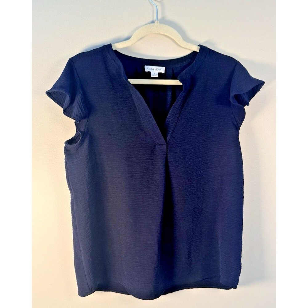 Calvin Klein Womens Navy Solid Chiffon V-Neck Ruffle Flutter Sleeve Blouse M